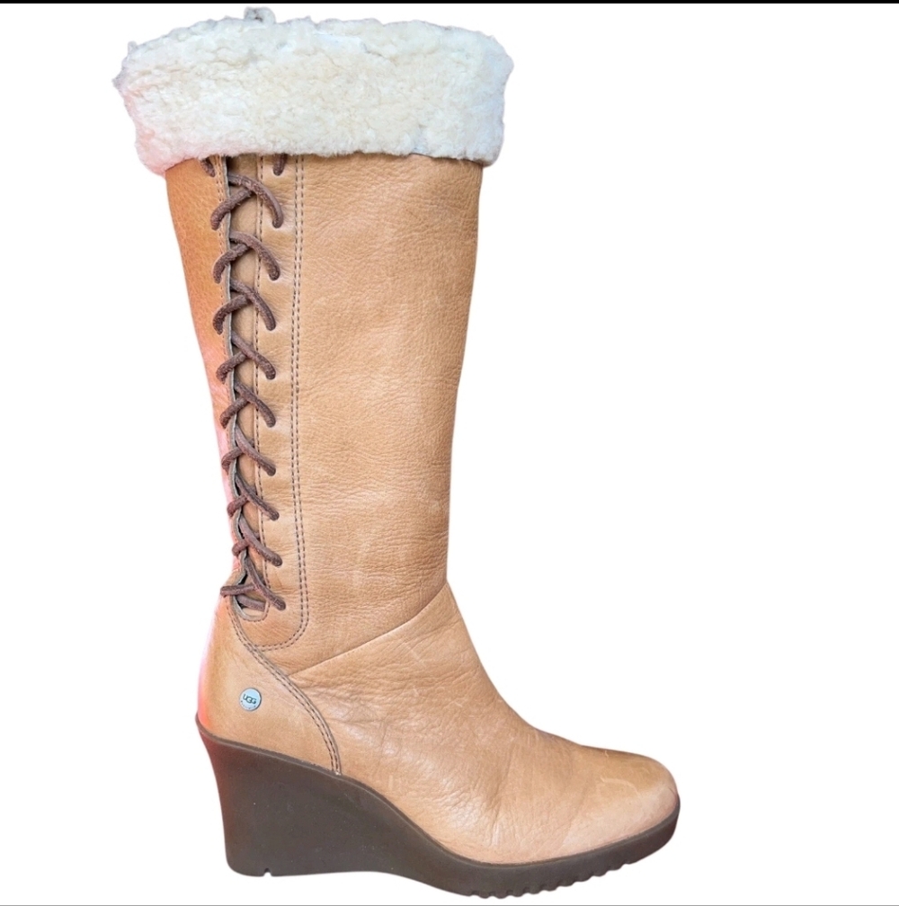 Women's Tan Wedge Boots with Faux Fur Lining